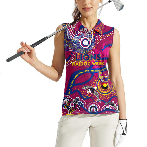 Custom NAIDOC Week 2024 Lions Women Sleeveless Polo Shirt Aboriginal Animals Keep The Fire Burning