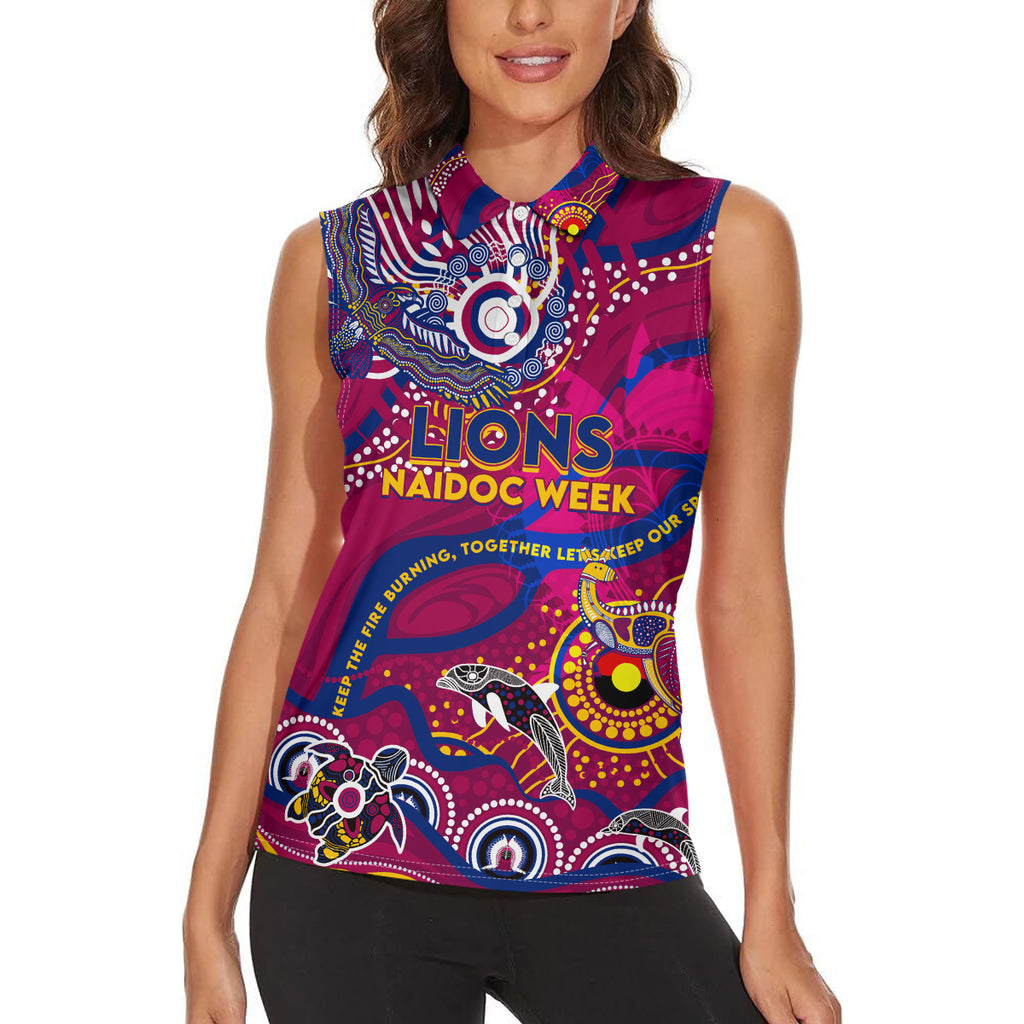 Custom NAIDOC Week 2024 Lions Women Sleeveless Polo Shirt Aboriginal Animals Keep The Fire Burning