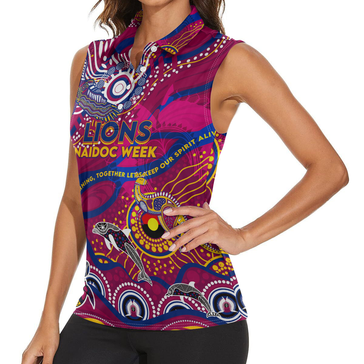 Custom NAIDOC Week 2024 Lions Women Sleeveless Polo Shirt Aboriginal Animals Keep The Fire Burning