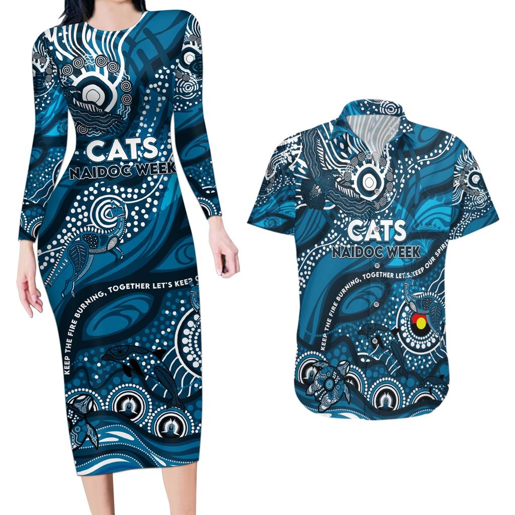Custom NAIDOC Week 2024 Blues Couples Matching Long Sleeve Bodycon Dress and Hawaiian Shirt Aboriginal Animals Keep The Fire Burning