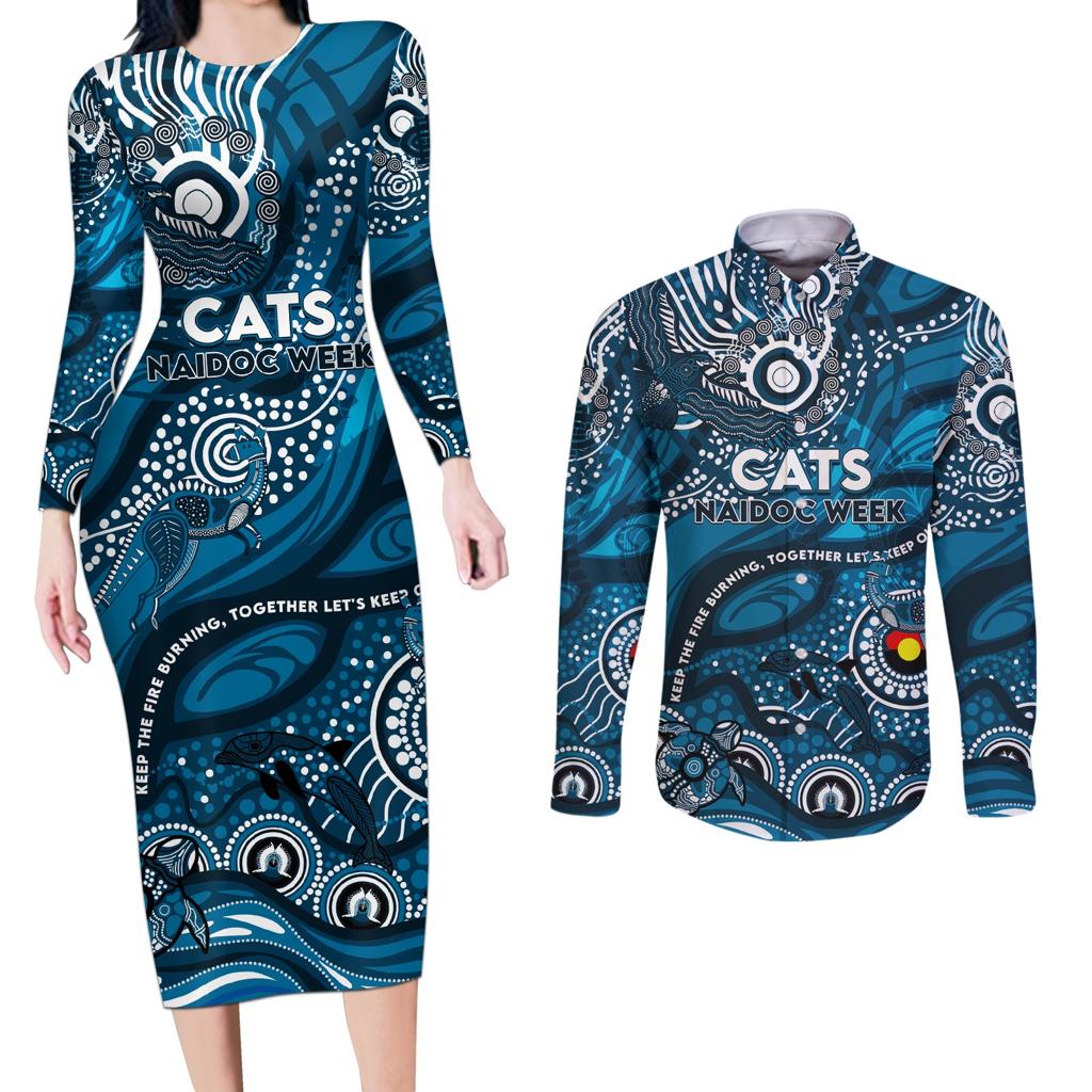 Custom NAIDOC Week 2024 Blues Couples Matching Long Sleeve Bodycon Dress and Long Sleeve Button Shirt Aboriginal Animals Keep The Fire Burning