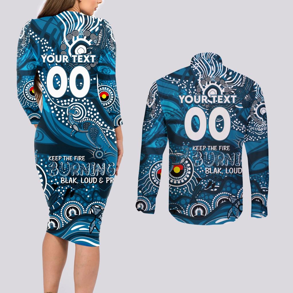 Custom NAIDOC Week 2024 Blues Couples Matching Long Sleeve Bodycon Dress and Long Sleeve Button Shirt Aboriginal Animals Keep The Fire Burning