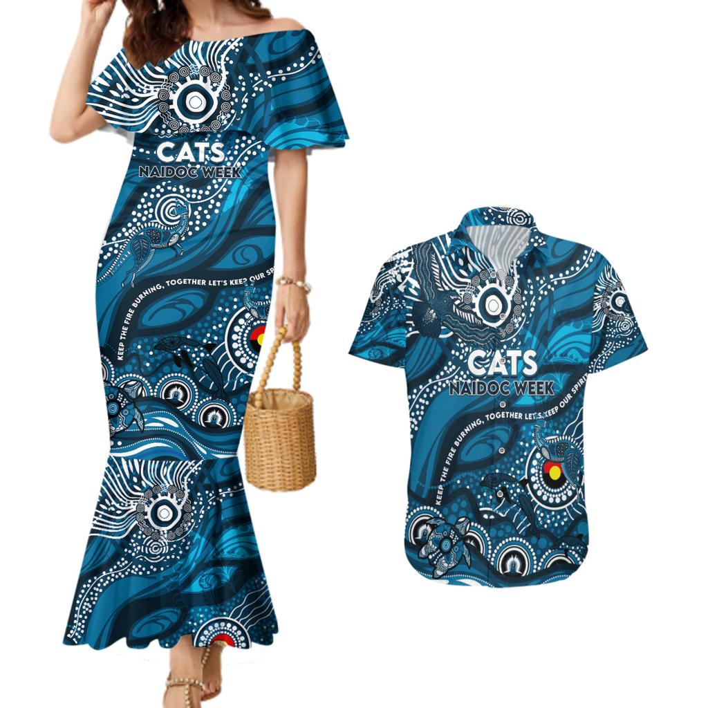 Custom NAIDOC Week 2024 Blues Couples Matching Mermaid Dress and Hawaiian Shirt Aboriginal Animals Keep The Fire Burning