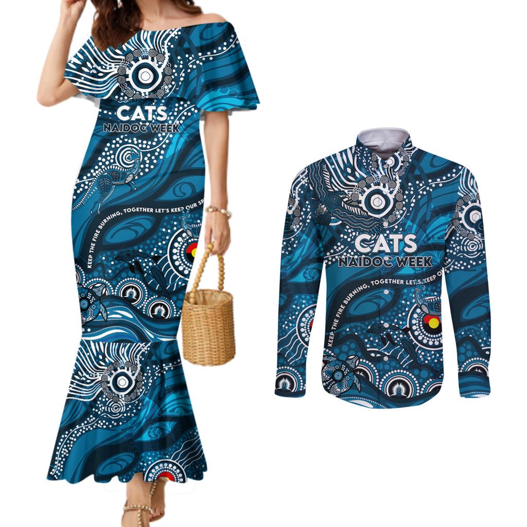 Custom NAIDOC Week 2024 Blues Couples Matching Mermaid Dress and Long Sleeve Button Shirt Aboriginal Animals Keep The Fire Burning