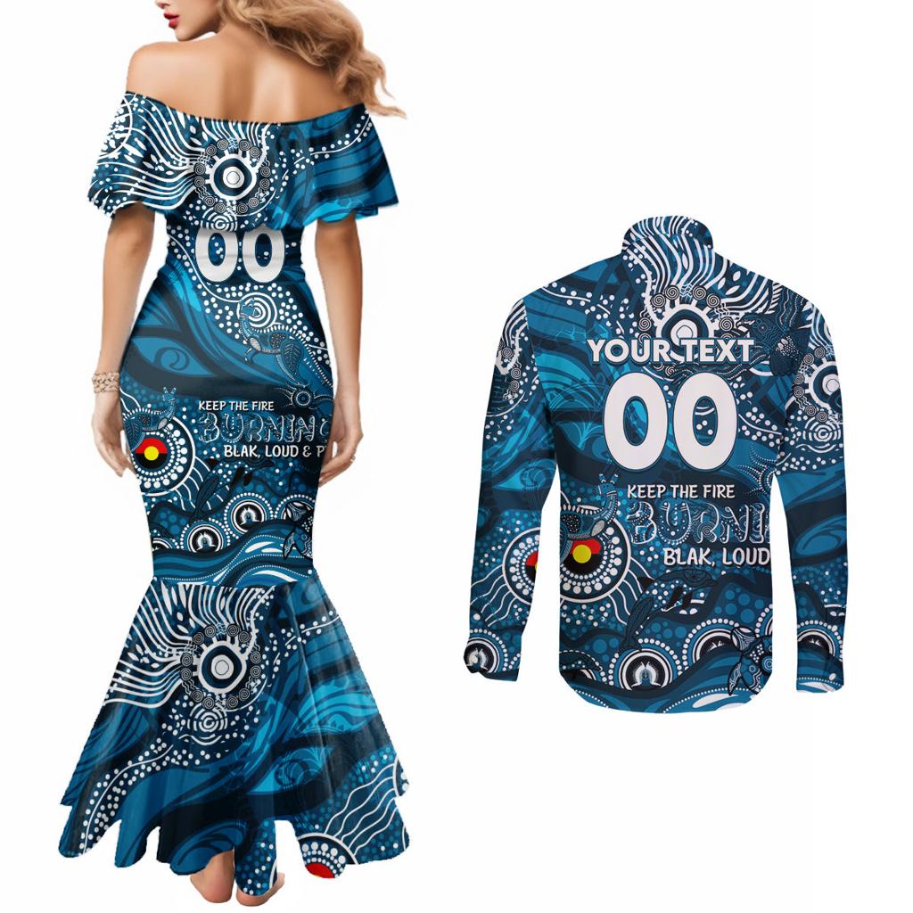 Custom NAIDOC Week 2024 Blues Couples Matching Mermaid Dress and Long Sleeve Button Shirt Aboriginal Animals Keep The Fire Burning