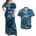 Custom NAIDOC Week 2024 Blues Couples Matching Off Shoulder Maxi Dress and Hawaiian Shirt Aboriginal Animals Keep The Fire Burning