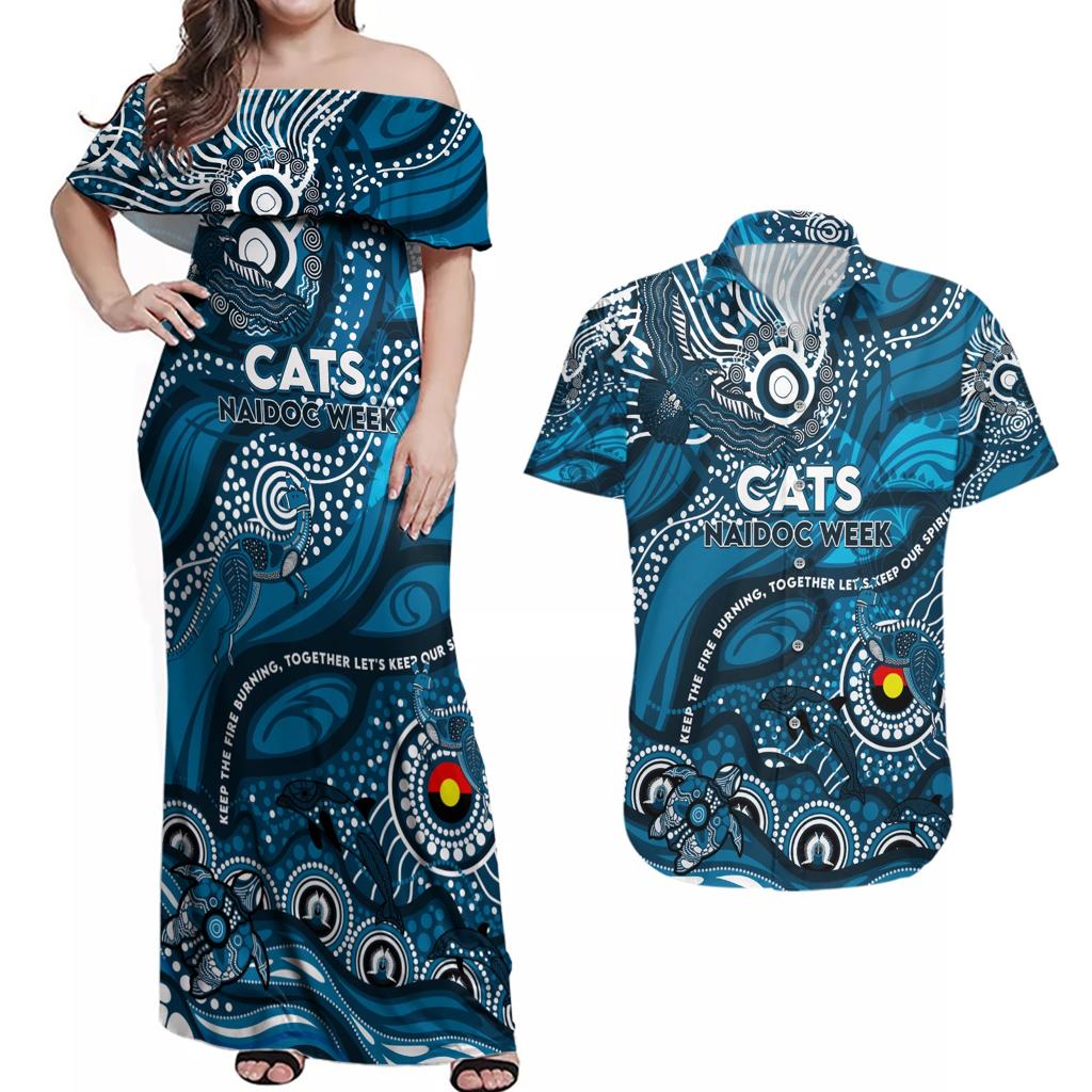 Custom NAIDOC Week 2024 Blues Couples Matching Off Shoulder Maxi Dress and Hawaiian Shirt Aboriginal Animals Keep The Fire Burning