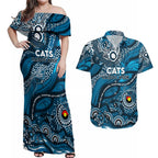 Custom NAIDOC Week 2024 Blues Couples Matching Off Shoulder Maxi Dress and Hawaiian Shirt Aboriginal Animals Keep The Fire Burning
