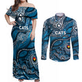 Custom NAIDOC Week 2024 Blues Couples Matching Off Shoulder Maxi Dress and Long Sleeve Button Shirt Aboriginal Animals Keep The Fire Burning