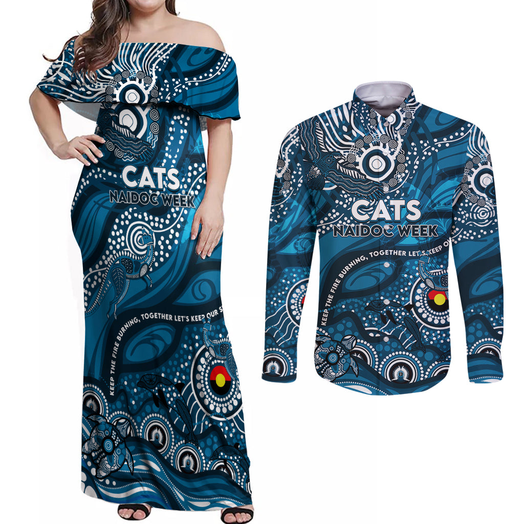 Custom NAIDOC Week 2024 Blues Couples Matching Off Shoulder Maxi Dress and Long Sleeve Button Shirt Aboriginal Animals Keep The Fire Burning