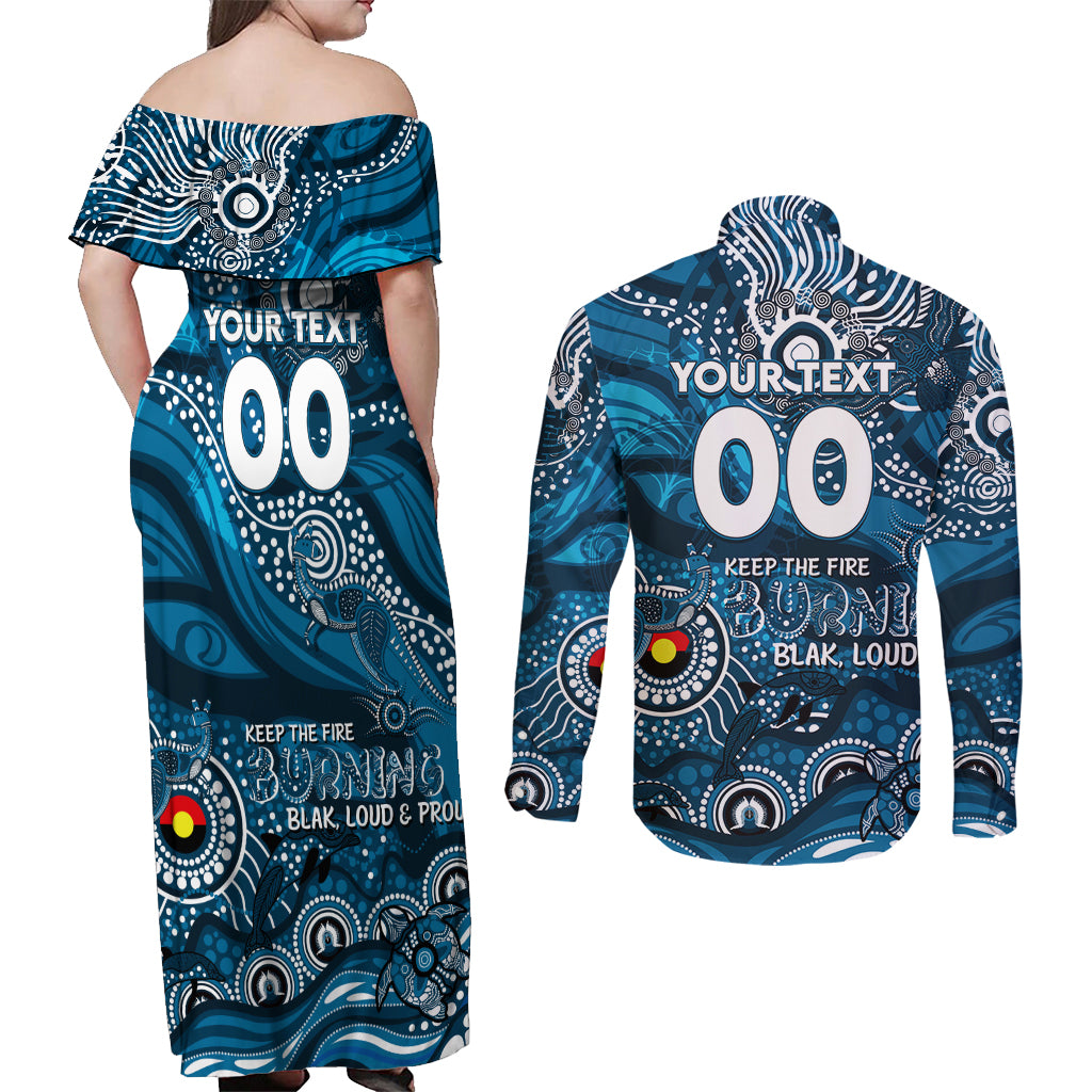 Custom NAIDOC Week 2024 Blues Couples Matching Off Shoulder Maxi Dress and Long Sleeve Button Shirt Aboriginal Animals Keep The Fire Burning