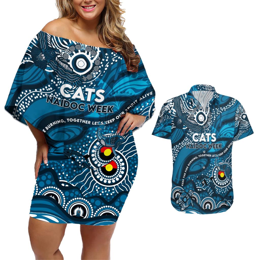 Custom NAIDOC Week 2024 Blues Couples Matching Off Shoulder Short Dress and Hawaiian Shirt Aboriginal Animals Keep The Fire Burning