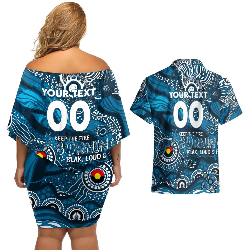 Custom NAIDOC Week 2024 Blues Couples Matching Off Shoulder Short Dress and Hawaiian Shirt Aboriginal Animals Keep The Fire Burning