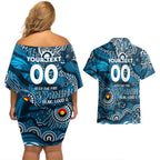 Custom NAIDOC Week 2024 Blues Couples Matching Off Shoulder Short Dress and Hawaiian Shirt Aboriginal Animals Keep The Fire Burning