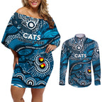 Custom NAIDOC Week 2024 Blues Couples Matching Off Shoulder Short Dress and Long Sleeve Button Shirt Aboriginal Animals Keep The Fire Burning