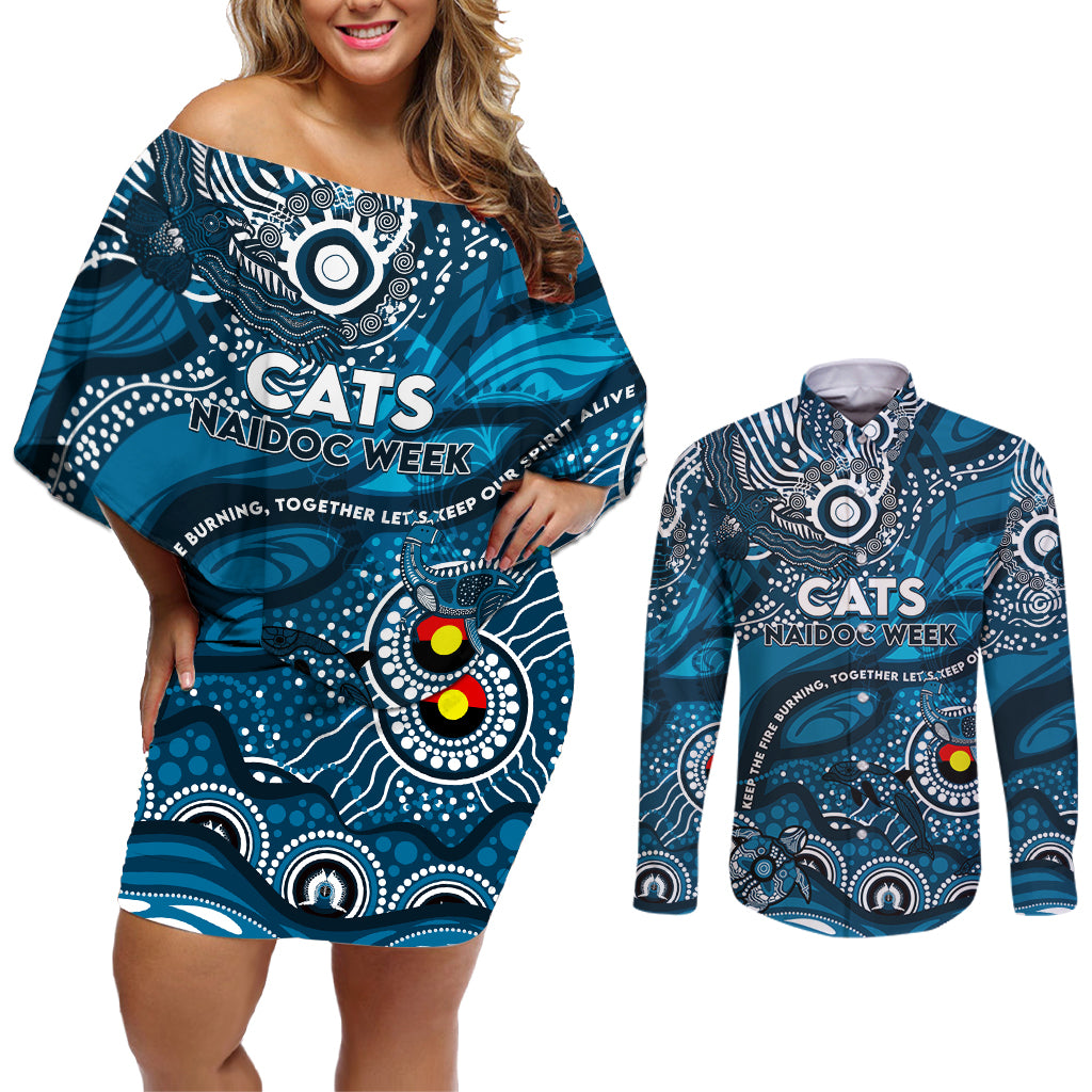 Custom NAIDOC Week 2024 Blues Couples Matching Off Shoulder Short Dress and Long Sleeve Button Shirt Aboriginal Animals Keep The Fire Burning