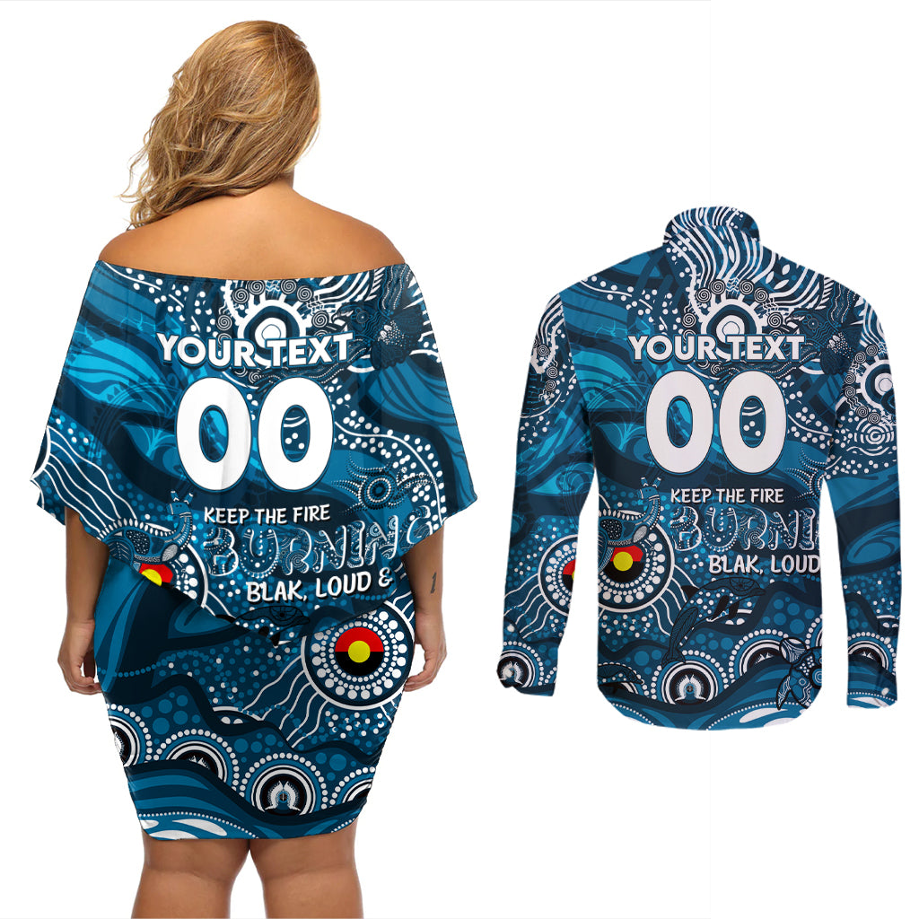 Custom NAIDOC Week 2024 Blues Couples Matching Off Shoulder Short Dress and Long Sleeve Button Shirt Aboriginal Animals Keep The Fire Burning