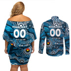 Custom NAIDOC Week 2024 Blues Couples Matching Off Shoulder Short Dress and Long Sleeve Button Shirt Aboriginal Animals Keep The Fire Burning