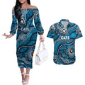 Custom NAIDOC Week 2024 Blues Couples Matching Off The Shoulder Long Sleeve Dress and Hawaiian Shirt Aboriginal Animals Keep The Fire Burning