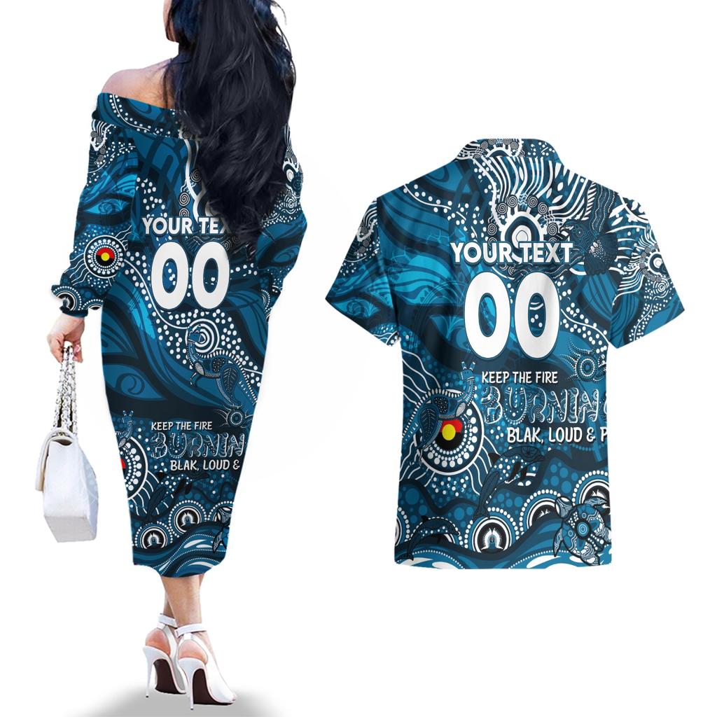 Custom NAIDOC Week 2024 Blues Couples Matching Off The Shoulder Long Sleeve Dress and Hawaiian Shirt Aboriginal Animals Keep The Fire Burning