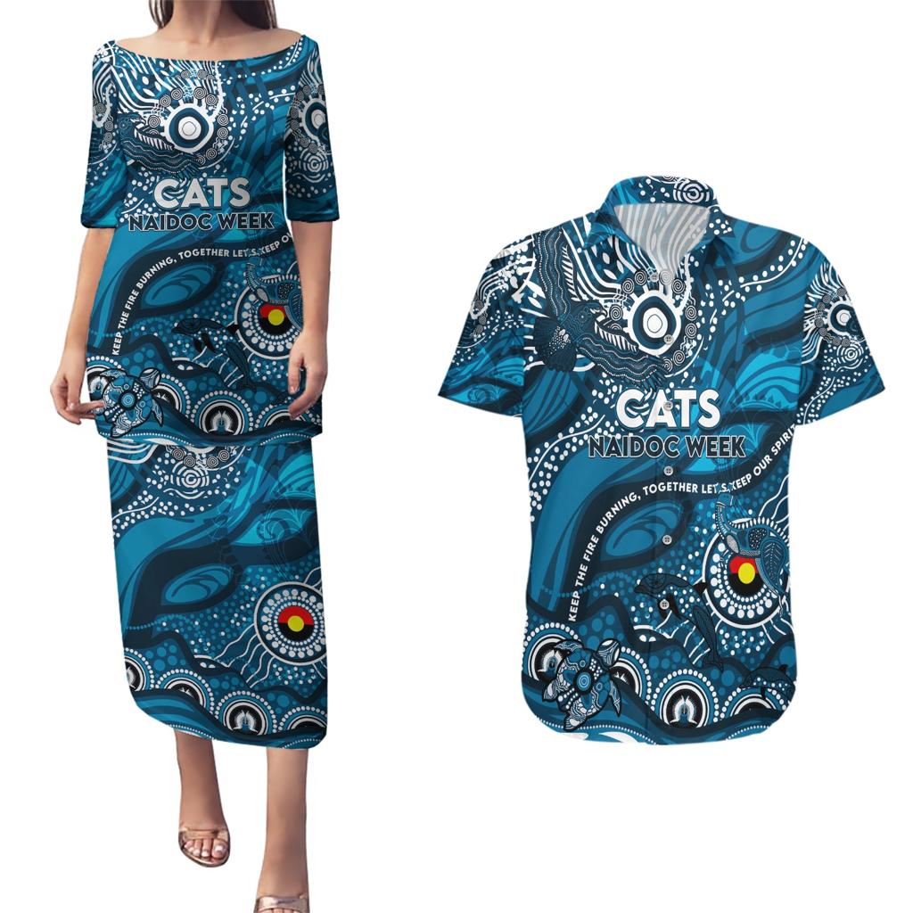 Custom NAIDOC Week 2024 Blues Couples Matching Puletasi and Hawaiian Shirt Aboriginal Animals Keep The Fire Burning