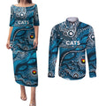 Custom NAIDOC Week 2024 Blues Couples Matching Puletasi and Long Sleeve Button Shirt Aboriginal Animals Keep The Fire Burning