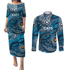 Custom NAIDOC Week 2024 Blues Couples Matching Puletasi and Long Sleeve Button Shirt Aboriginal Animals Keep The Fire Burning