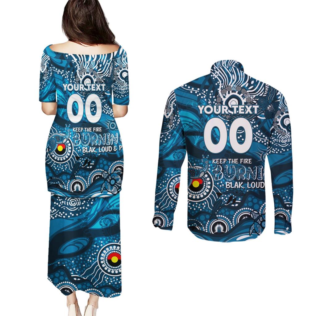 Custom NAIDOC Week 2024 Blues Couples Matching Puletasi and Long Sleeve Button Shirt Aboriginal Animals Keep The Fire Burning