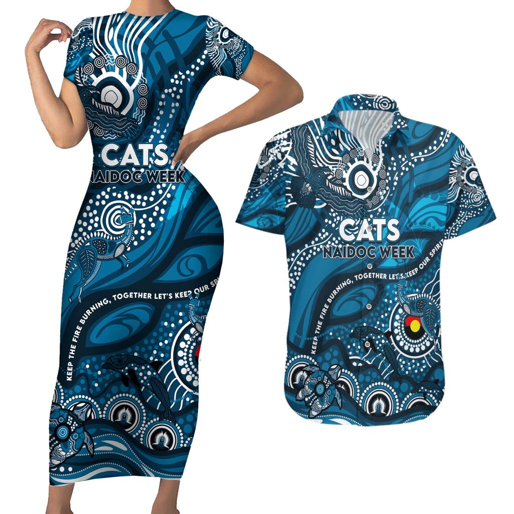 Custom NAIDOC Week 2024 Blues Couples Matching Short Sleeve Bodycon Dress and Hawaiian Shirt Aboriginal Animals Keep The Fire Burning