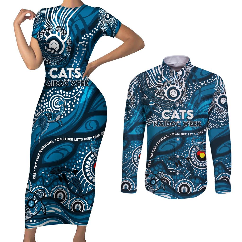 Custom NAIDOC Week 2024 Blues Couples Matching Short Sleeve Bodycon Dress and Long Sleeve Button Shirt Aboriginal Animals Keep The Fire Burning