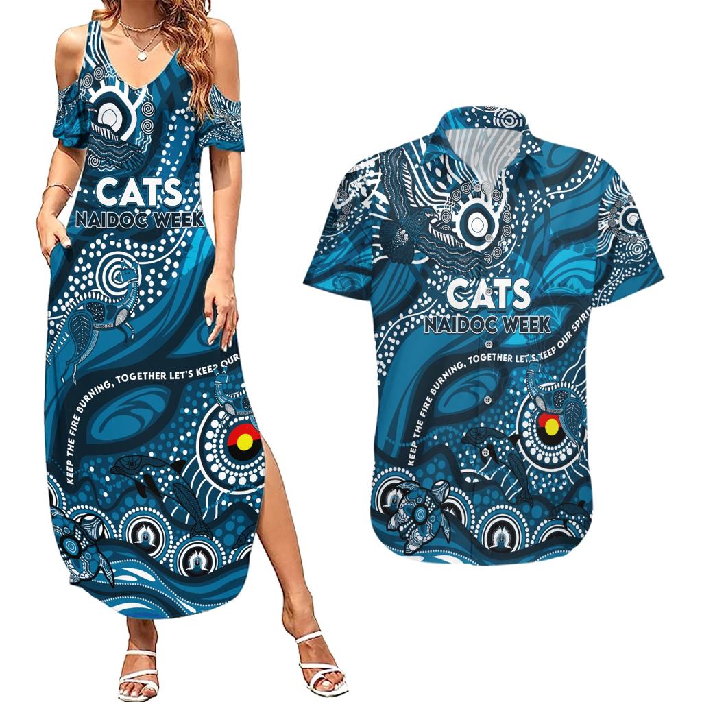 Custom NAIDOC Week 2024 Blues Couples Matching Summer Maxi Dress and Hawaiian Shirt Aboriginal Animals Keep The Fire Burning
