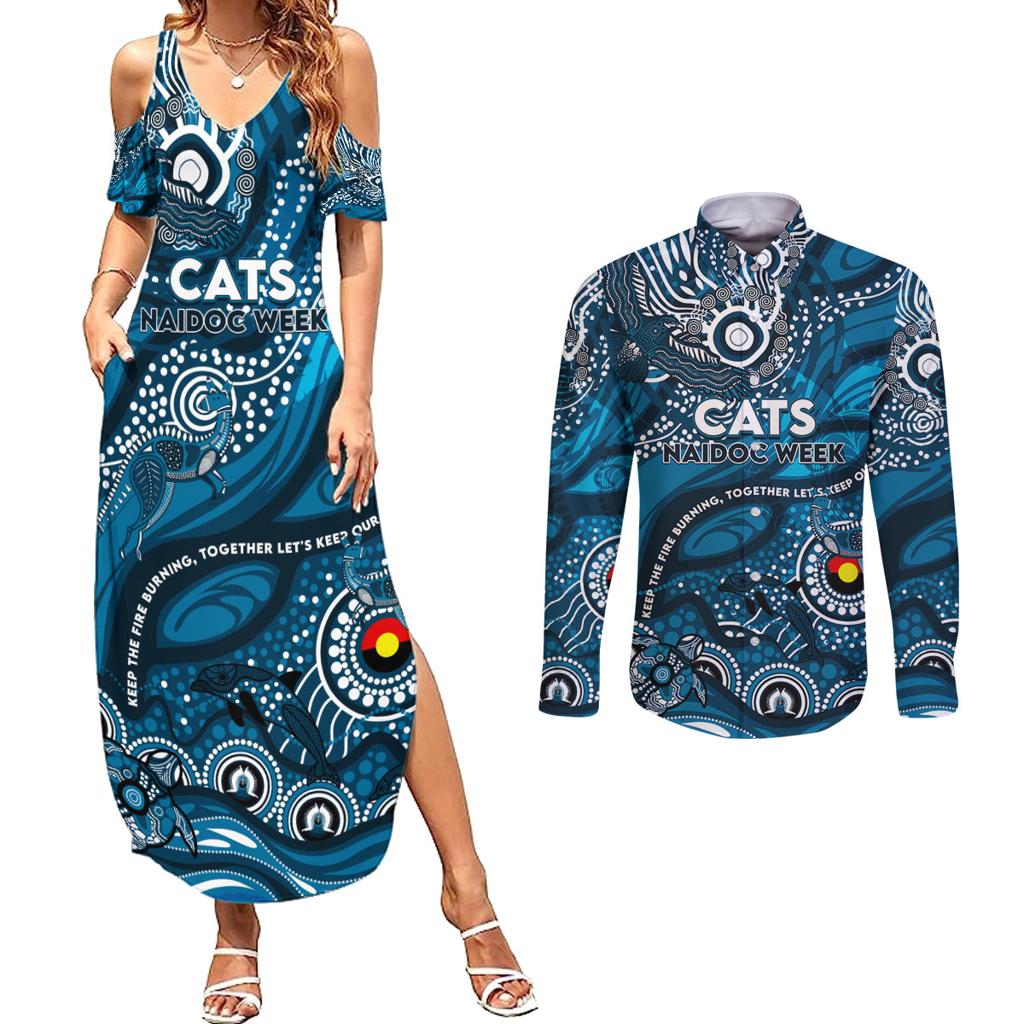 Custom NAIDOC Week 2024 Blues Couples Matching Summer Maxi Dress and Long Sleeve Button Shirt Aboriginal Animals Keep The Fire Burning