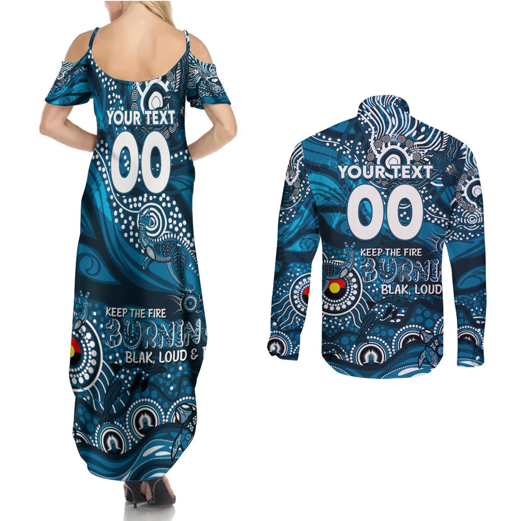 Custom NAIDOC Week 2024 Blues Couples Matching Summer Maxi Dress and Long Sleeve Button Shirt Aboriginal Animals Keep The Fire Burning