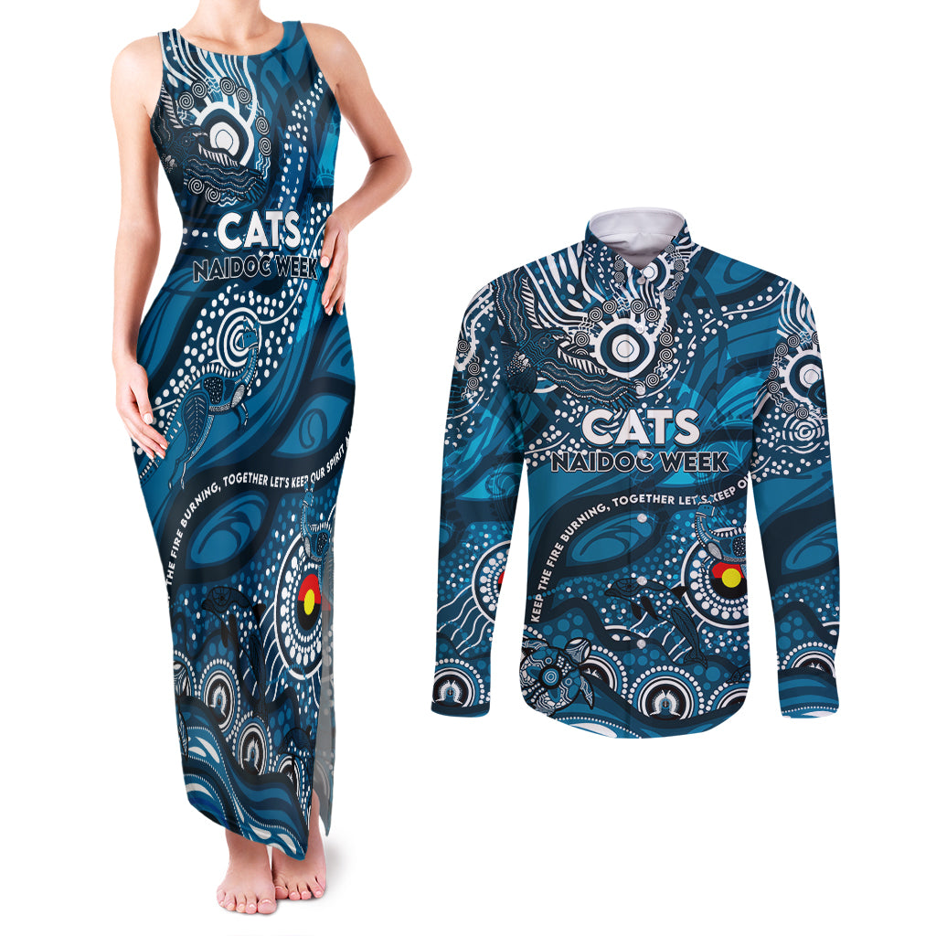 Custom NAIDOC Week 2024 Blues Couples Matching Tank Maxi Dress and Long Sleeve Button Shirt Aboriginal Animals Keep The Fire Burning