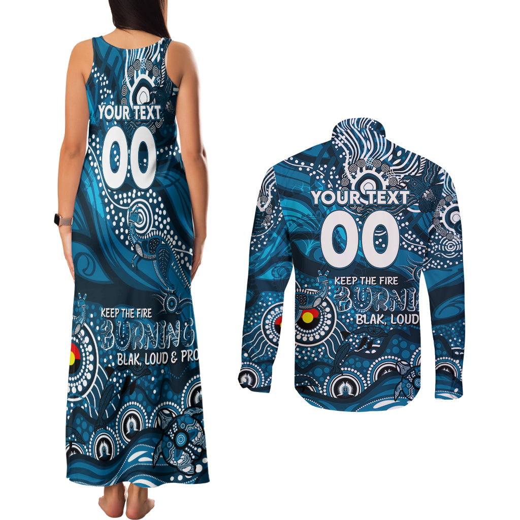 Custom NAIDOC Week 2024 Blues Couples Matching Tank Maxi Dress and Long Sleeve Button Shirt Aboriginal Animals Keep The Fire Burning