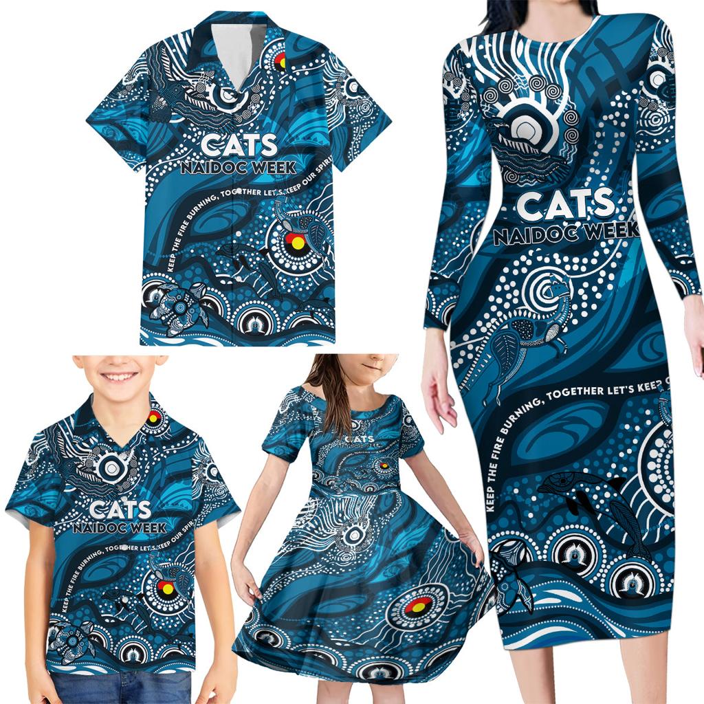Custom NAIDOC Week 2024 Blues Family Matching Long Sleeve Bodycon Dress and Hawaiian Shirt Aboriginal Animals Keep The Fire Burning