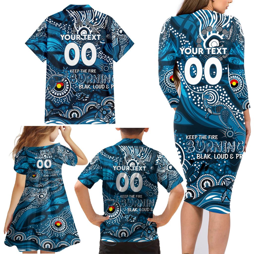 Custom NAIDOC Week 2024 Blues Family Matching Long Sleeve Bodycon Dress and Hawaiian Shirt Aboriginal Animals Keep The Fire Burning