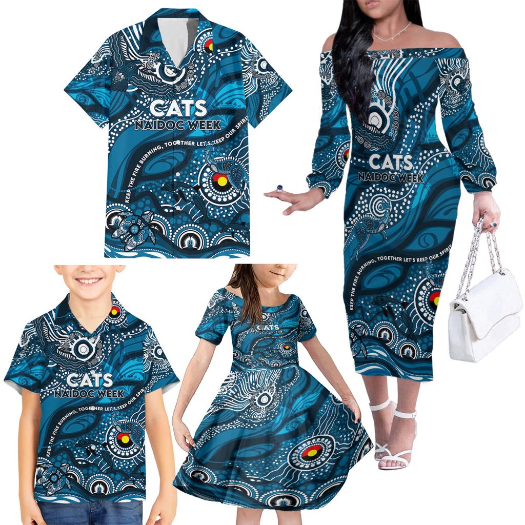 Custom NAIDOC Week 2024 Blues Family Matching Off The Shoulder Long Sleeve Dress and Hawaiian Shirt Aboriginal Animals Keep The Fire Burning