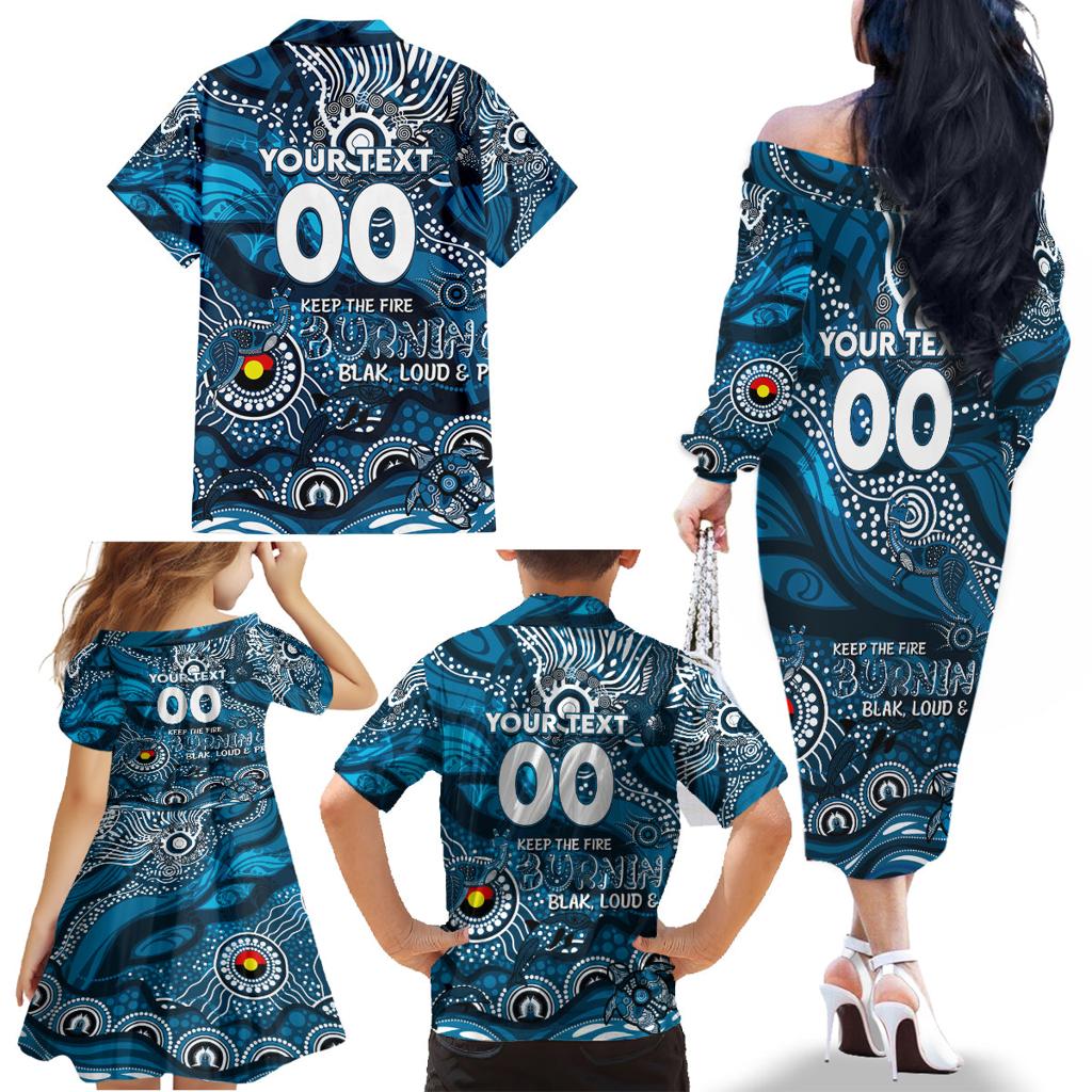 Custom NAIDOC Week 2024 Blues Family Matching Off The Shoulder Long Sleeve Dress and Hawaiian Shirt Aboriginal Animals Keep The Fire Burning
