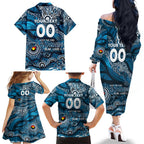 Custom NAIDOC Week 2024 Blues Family Matching Off The Shoulder Long Sleeve Dress and Hawaiian Shirt Aboriginal Animals Keep The Fire Burning