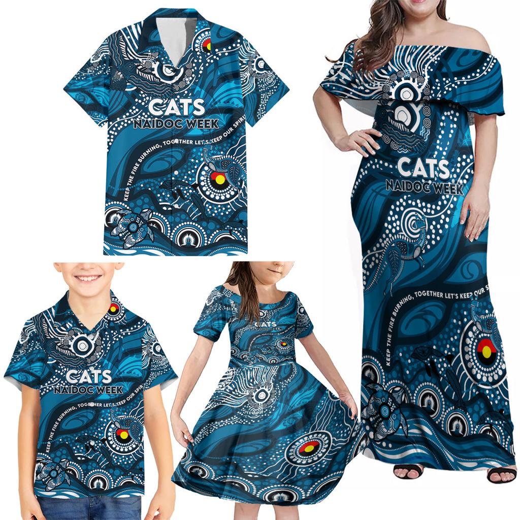 Custom NAIDOC Week 2024 Blues Family Matching Off Shoulder Maxi Dress and Hawaiian Shirt Aboriginal Animals Keep The Fire Burning