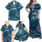 Custom NAIDOC Week 2024 Blues Family Matching Off Shoulder Maxi Dress and Hawaiian Shirt Aboriginal Animals Keep The Fire Burning