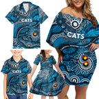 Custom NAIDOC Week 2024 Blues Family Matching Off Shoulder Short Dress and Hawaiian Shirt Aboriginal Animals Keep The Fire Burning