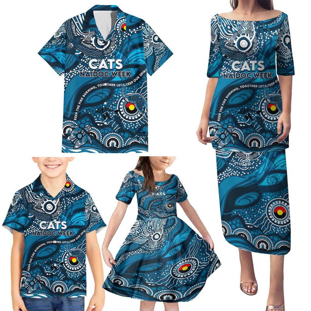 Custom NAIDOC Week 2024 Blues Family Matching Puletasi and Hawaiian Shirt Aboriginal Animals Keep The Fire Burning
