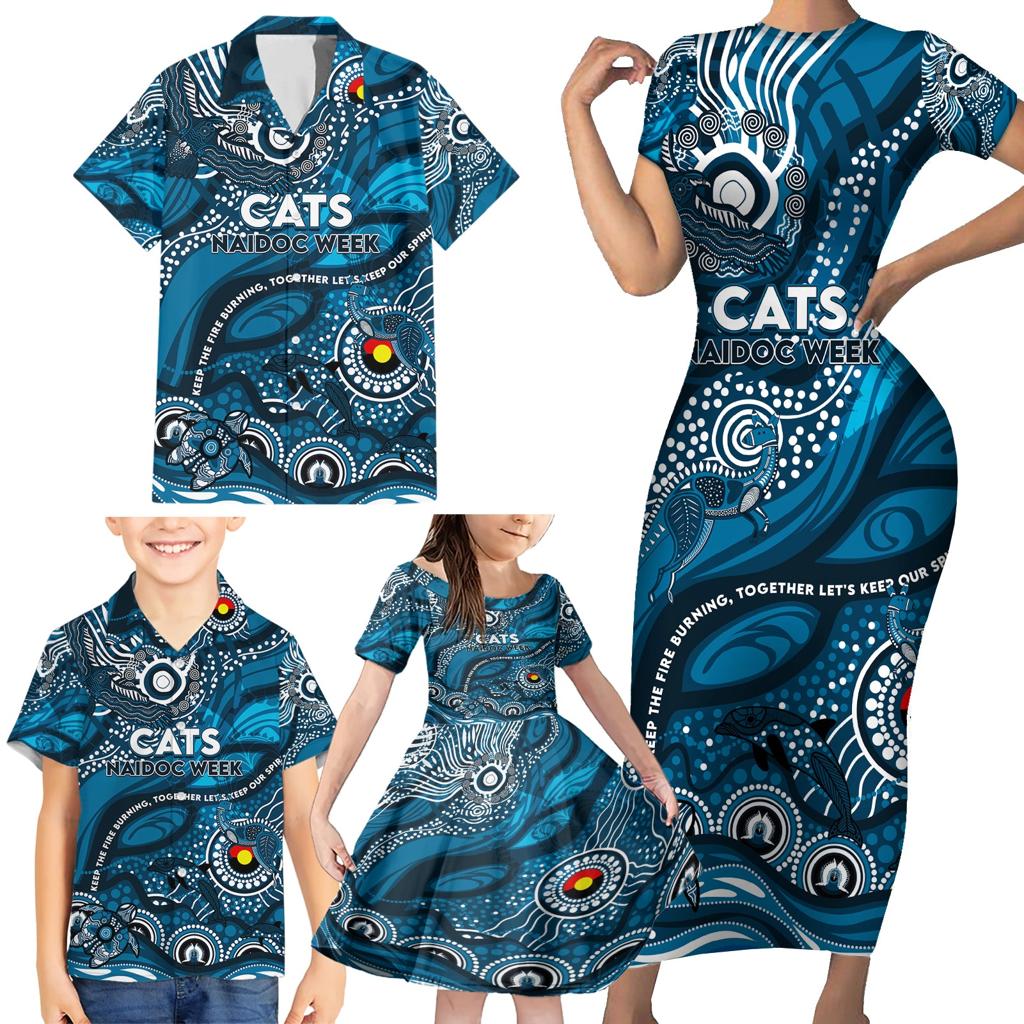 Custom NAIDOC Week 2024 Blues Family Matching Short Sleeve Bodycon Dress and Hawaiian Shirt Aboriginal Animals Keep The Fire Burning