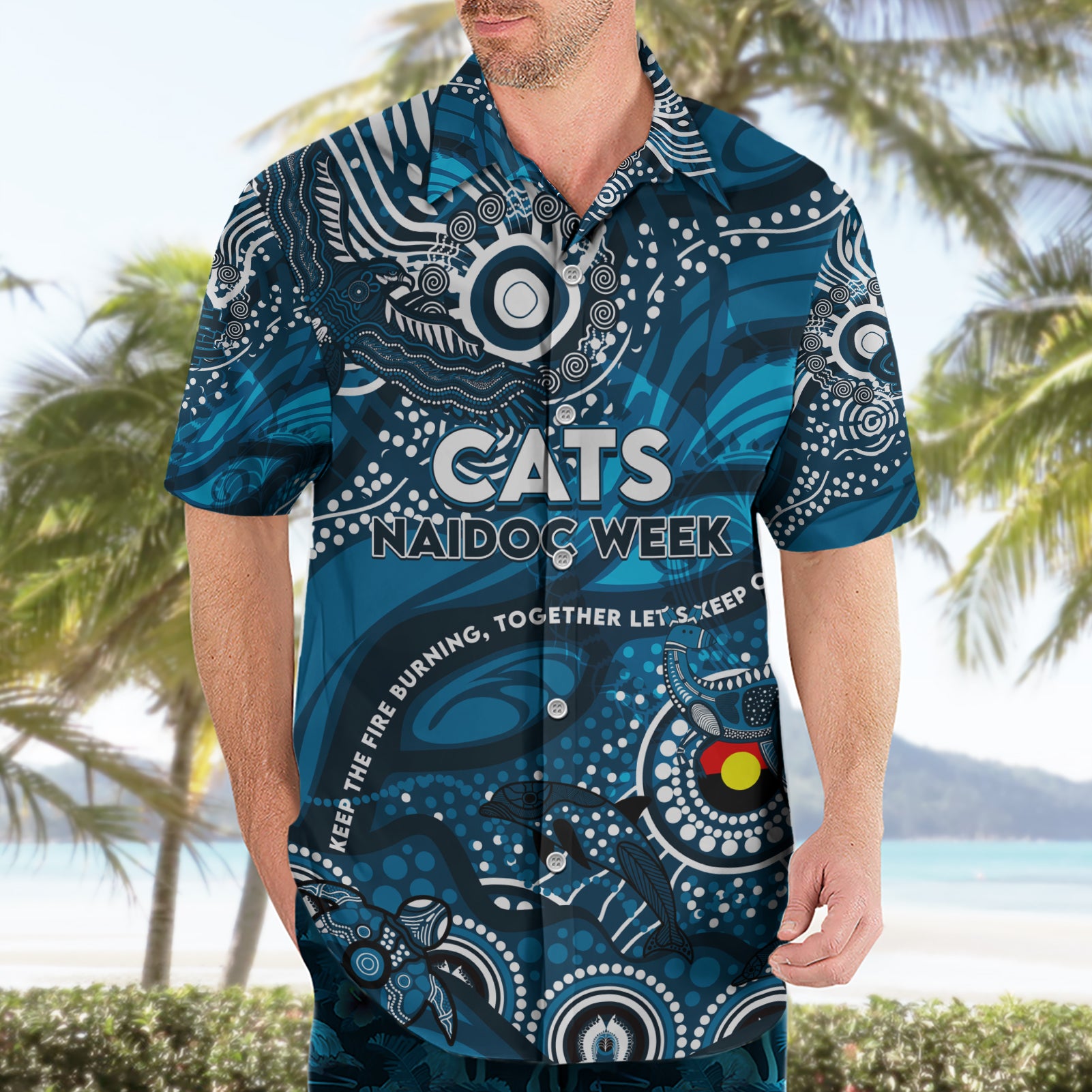 Custom NAIDOC Week 2024 Blues Hawaiian Shirt Aboriginal Animals Keep The Fire Burning