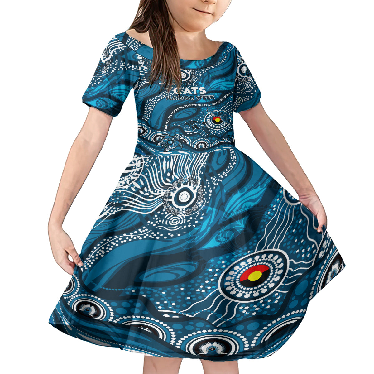 Custom NAIDOC Week 2024 Blues Kid Short Sleeve Dress Aboriginal Animals Keep The Fire Burning