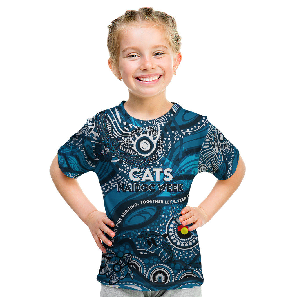 Custom NAIDOC Week 2024 Blues Kid T Shirt Aboriginal Animals Keep The Fire Burning