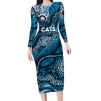 Custom NAIDOC Week 2024 Blues Long Sleeve Bodycon Dress Aboriginal Animals Keep The Fire Burning