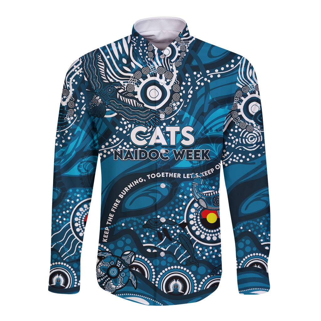 Custom NAIDOC Week 2024 Blues Long Sleeve Button Shirt Aboriginal Animals Keep The Fire Burning